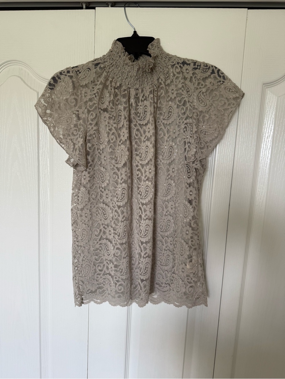 Lace Mock-Neck Flutter Sleeve Top - Taupe